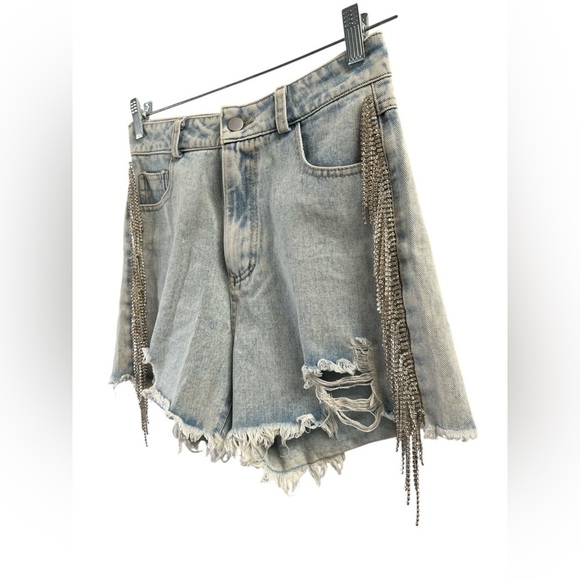 Denim blue b rhinestone fringe high waisted jean shorts - Picture 5 of 7